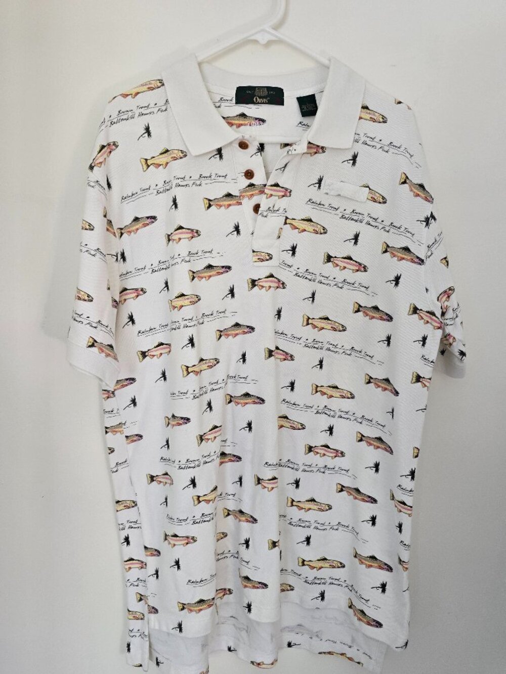 Orvis Mens Large Cotton Polo Trout Fish Print Rainbow Brown Trout Battenkill